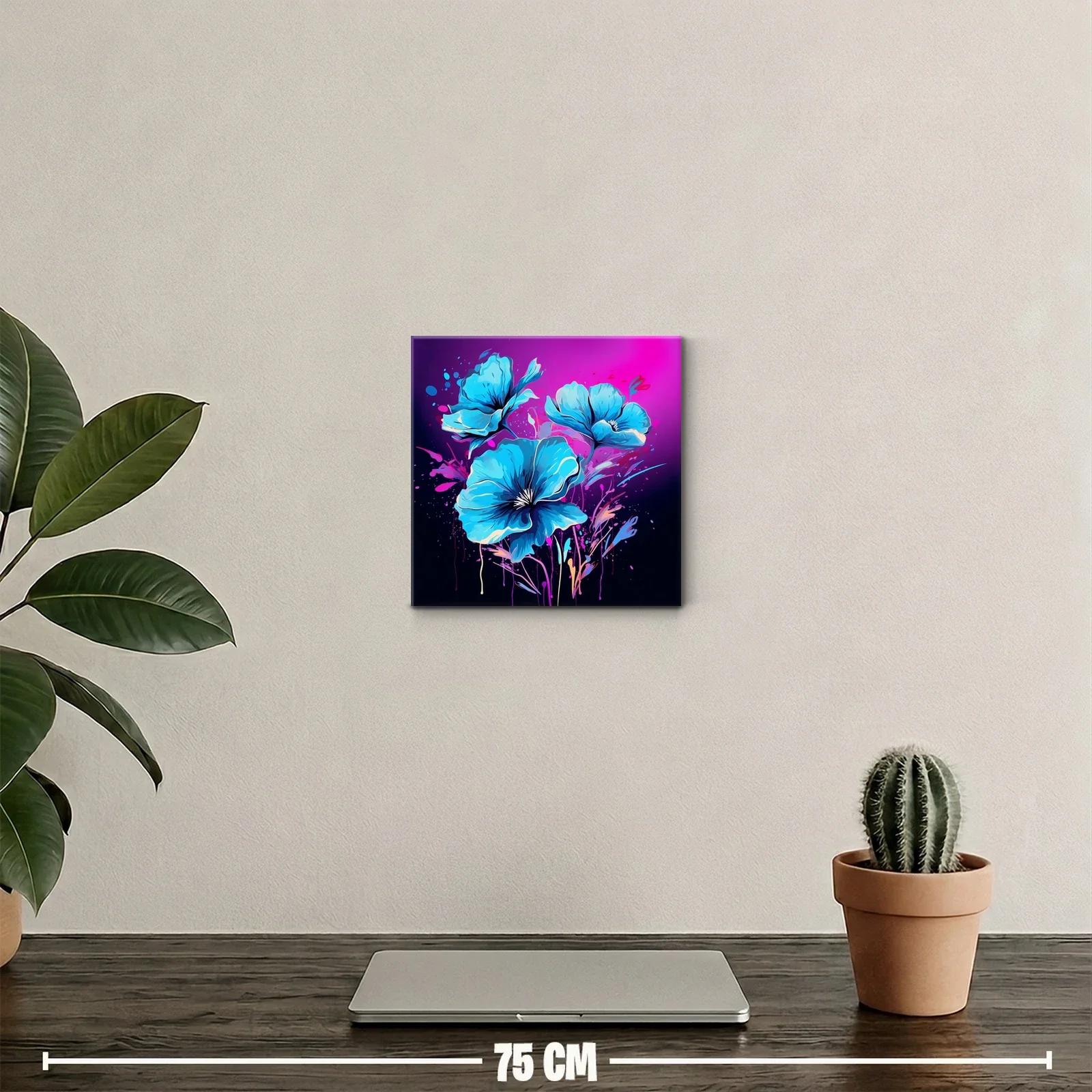 Cuadro decorativo con flores azules vibrantes sobre fondo púrpura — miniatura 2