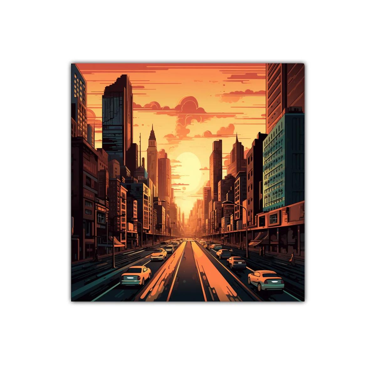 Atardecer urbano en ciudad con tráfico y rascacielos