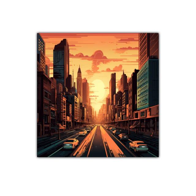 Atardecer urbano en ciudad con tráfico y rascacielos