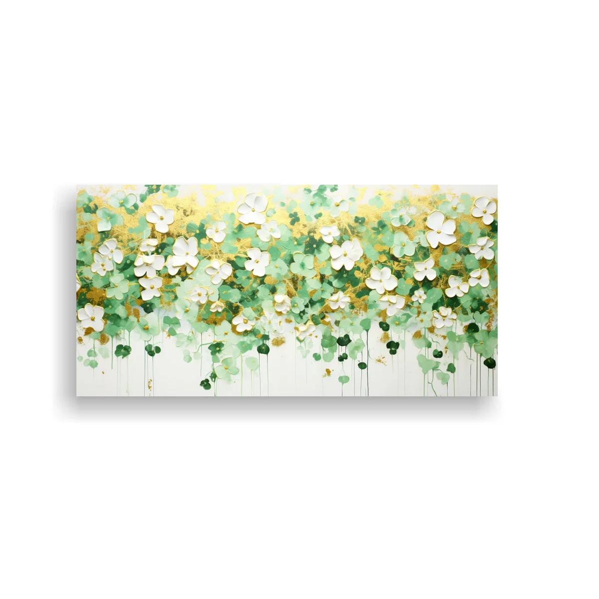 Cuadro flores blancas colgantes con trazos descendentes