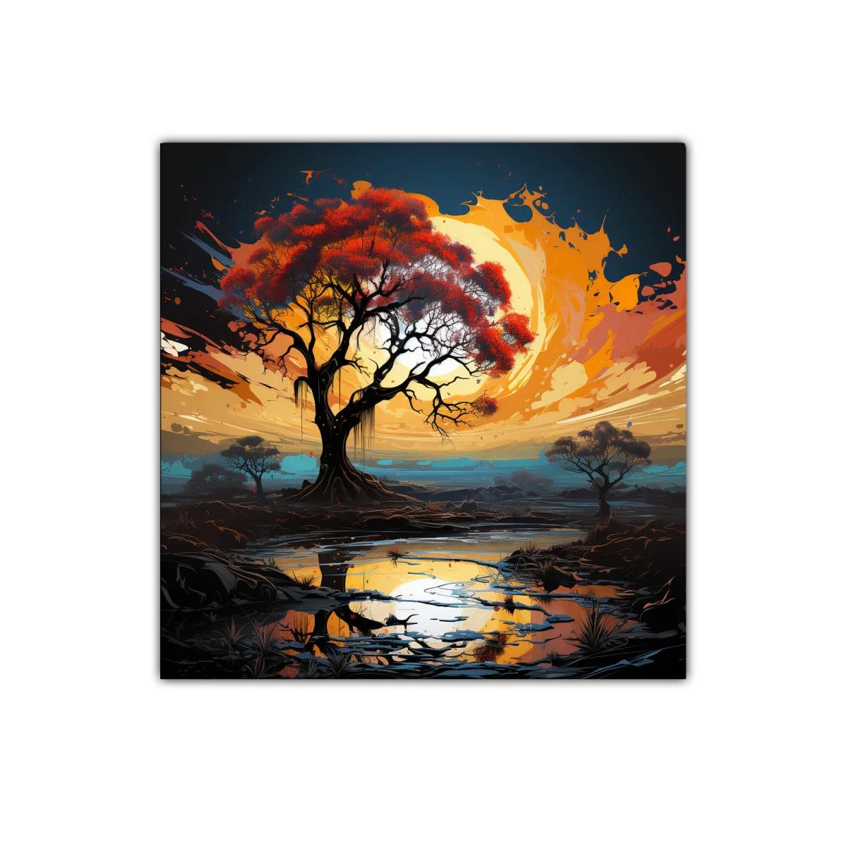 Atardecer vibrante con árbol y reflejo en estanque — imagen principal