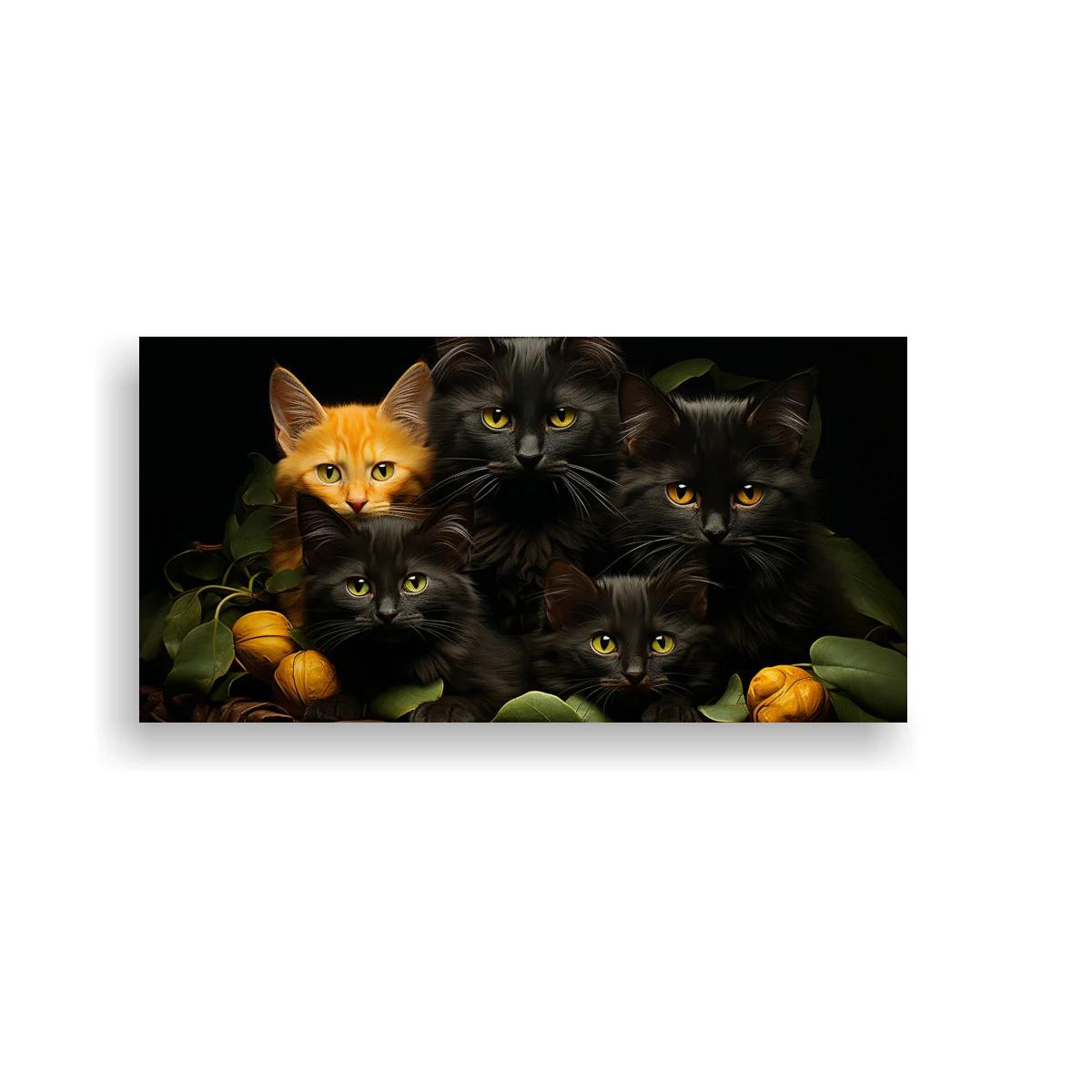Cuadro grupo de gatos entre hojas y frutas anaranjadas
