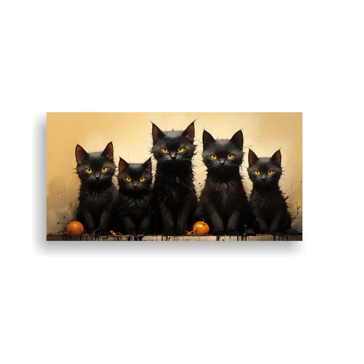 Cuadro cinco gatos negros con calabazas