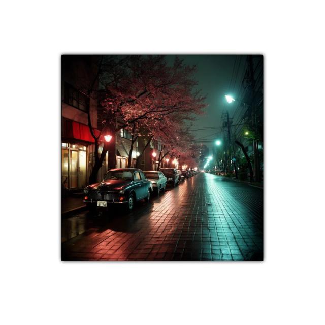 Calle nocturna con árboles rosados y coches clásicos