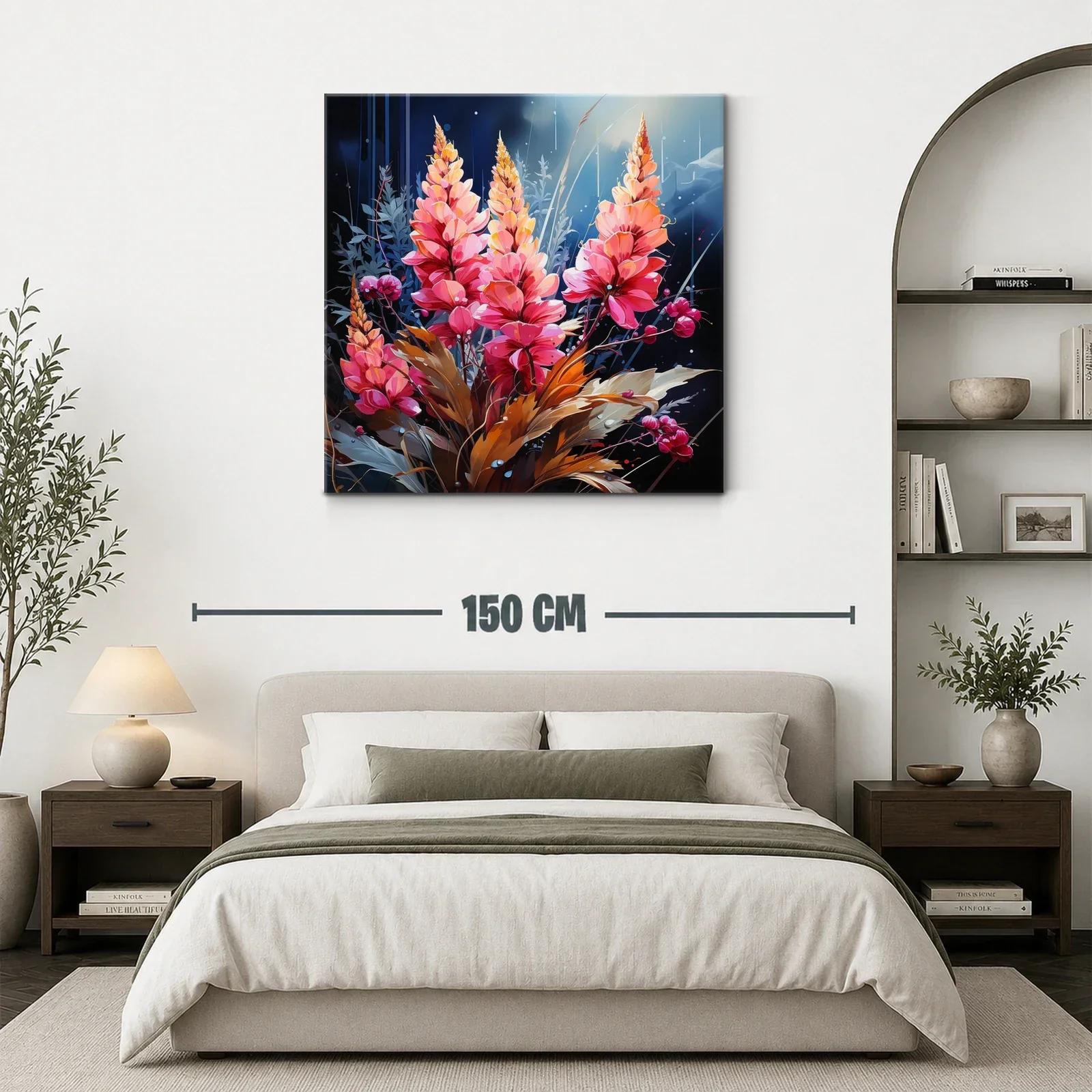 Cuadro floral vibrante con tonos cálidos y azul profundo — miniatura 3