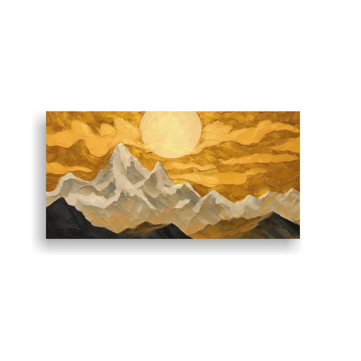 Cuadro cordillera de montañas nevadas con gran sol