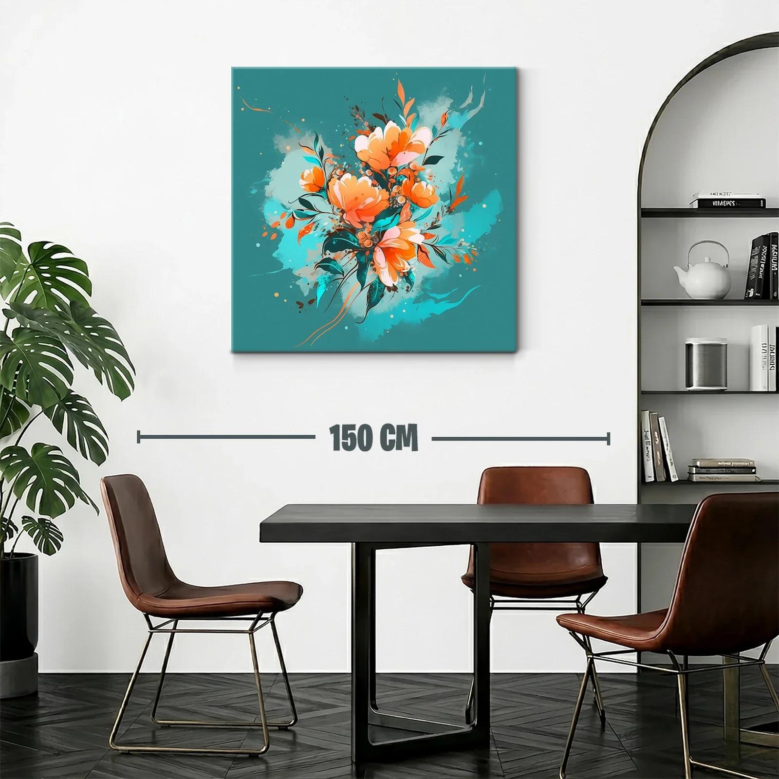 Cuadro Floral con tonos cálidos y fondo turquesa vibrante — miniatura 2