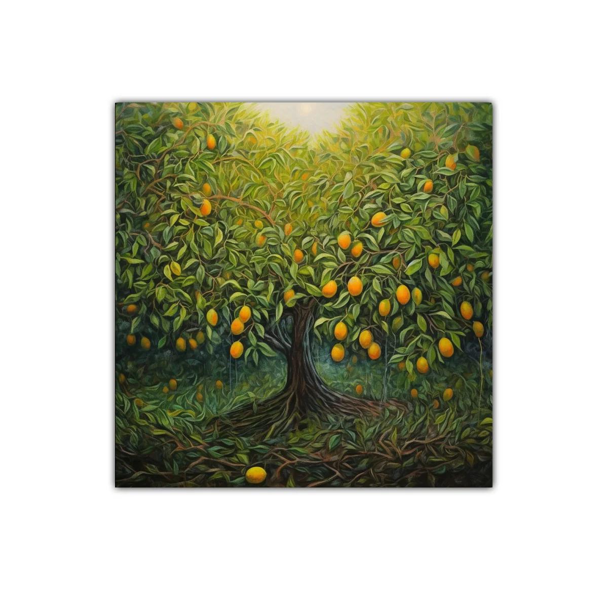 Cuadro árbol frutal con tonos verdes y naranjas vibrantes — imagen principal