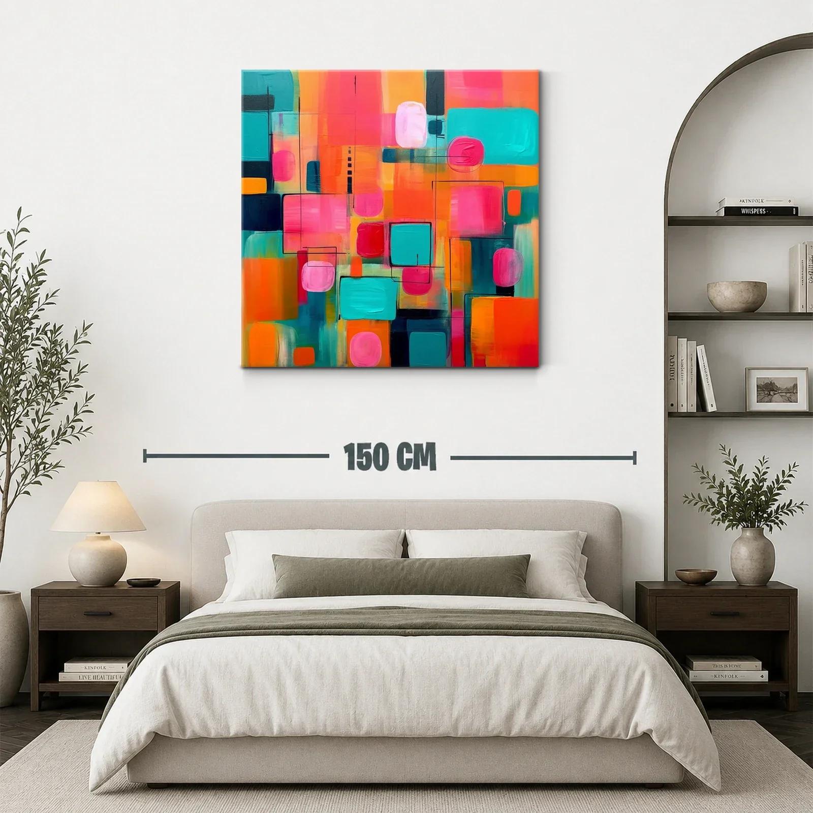 Cuadro abstracto vibrante tonos rosa turquesa y naranja — miniatura 3