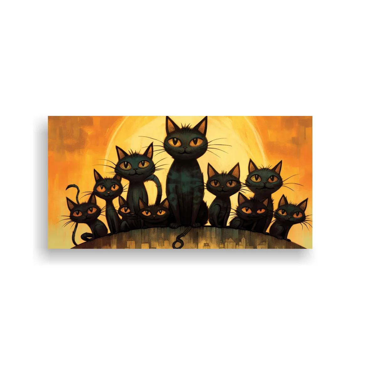 Cuadro grupo de gatos negros sobre luna brillante