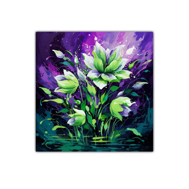 Flores vibrantes en tonos verdes y púrpuras