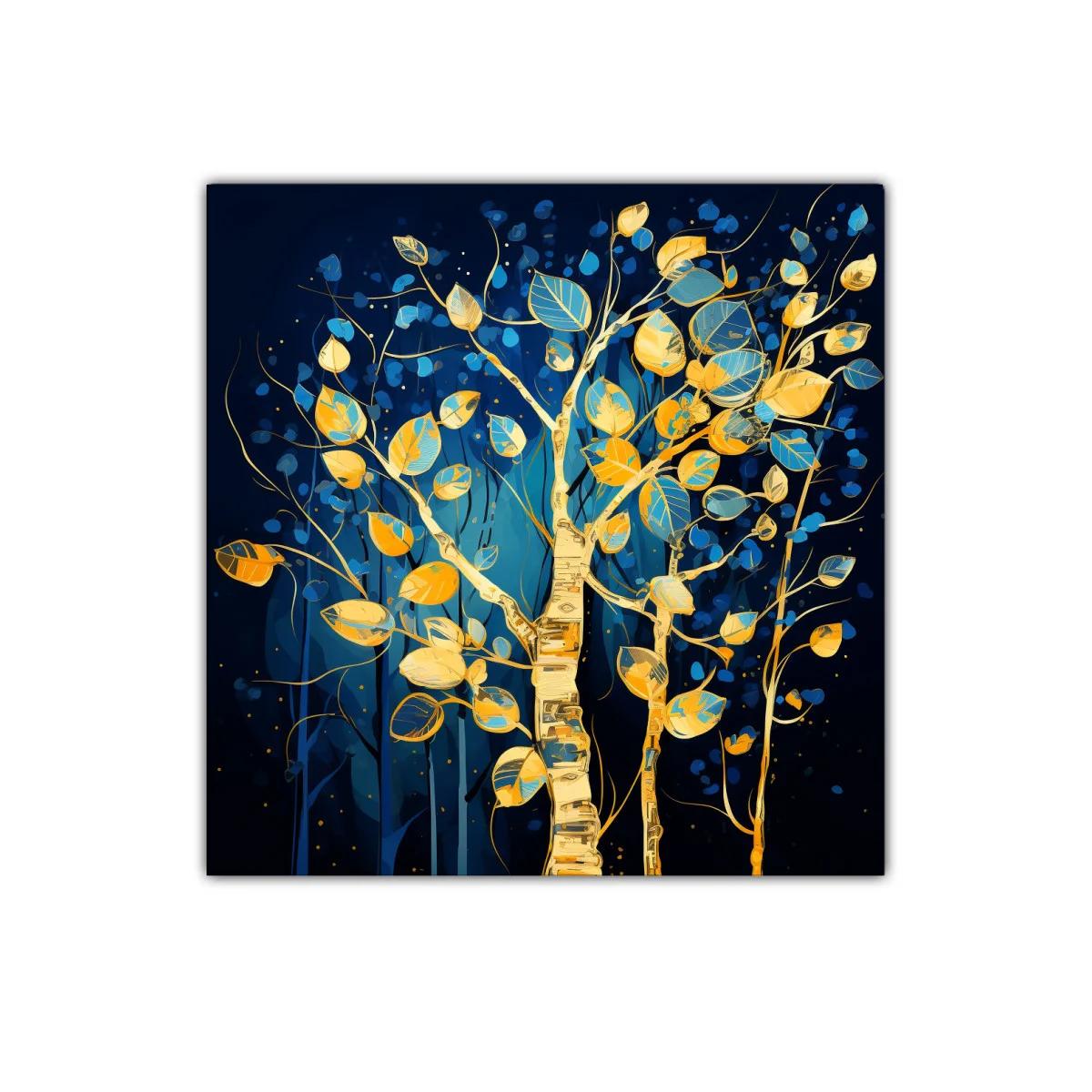 Árbol dorado con hojas azules y amarillas sobre fondo oscuro — imagen principal