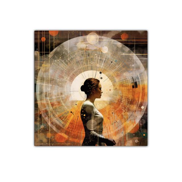 Figura femenina con halo geométrico en tonos cálidos