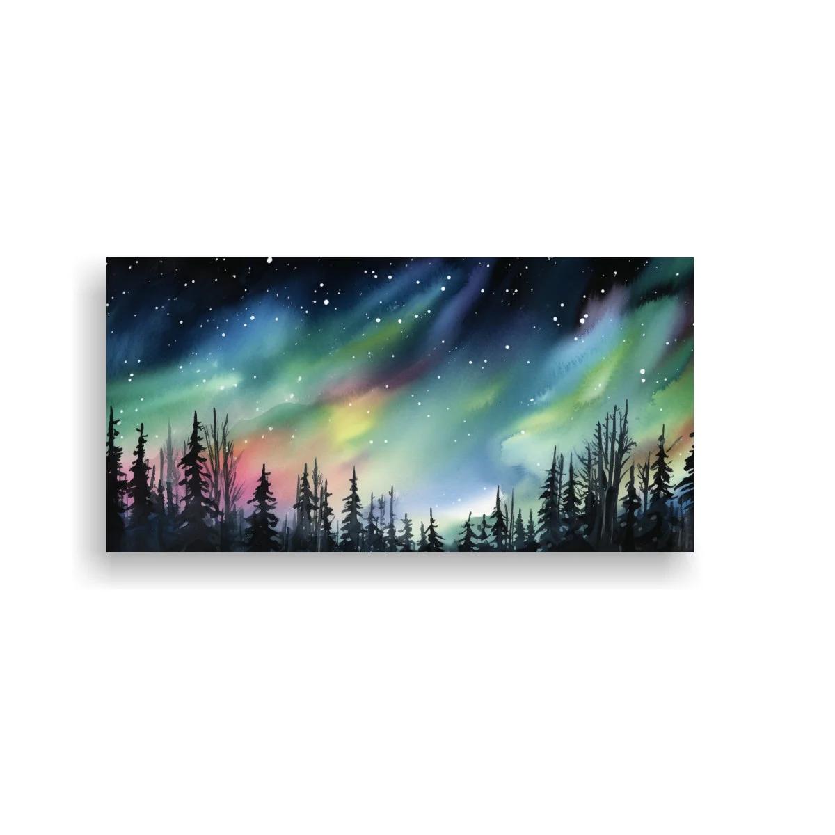 Cuadro aurora boreal sobre bosque de pinos