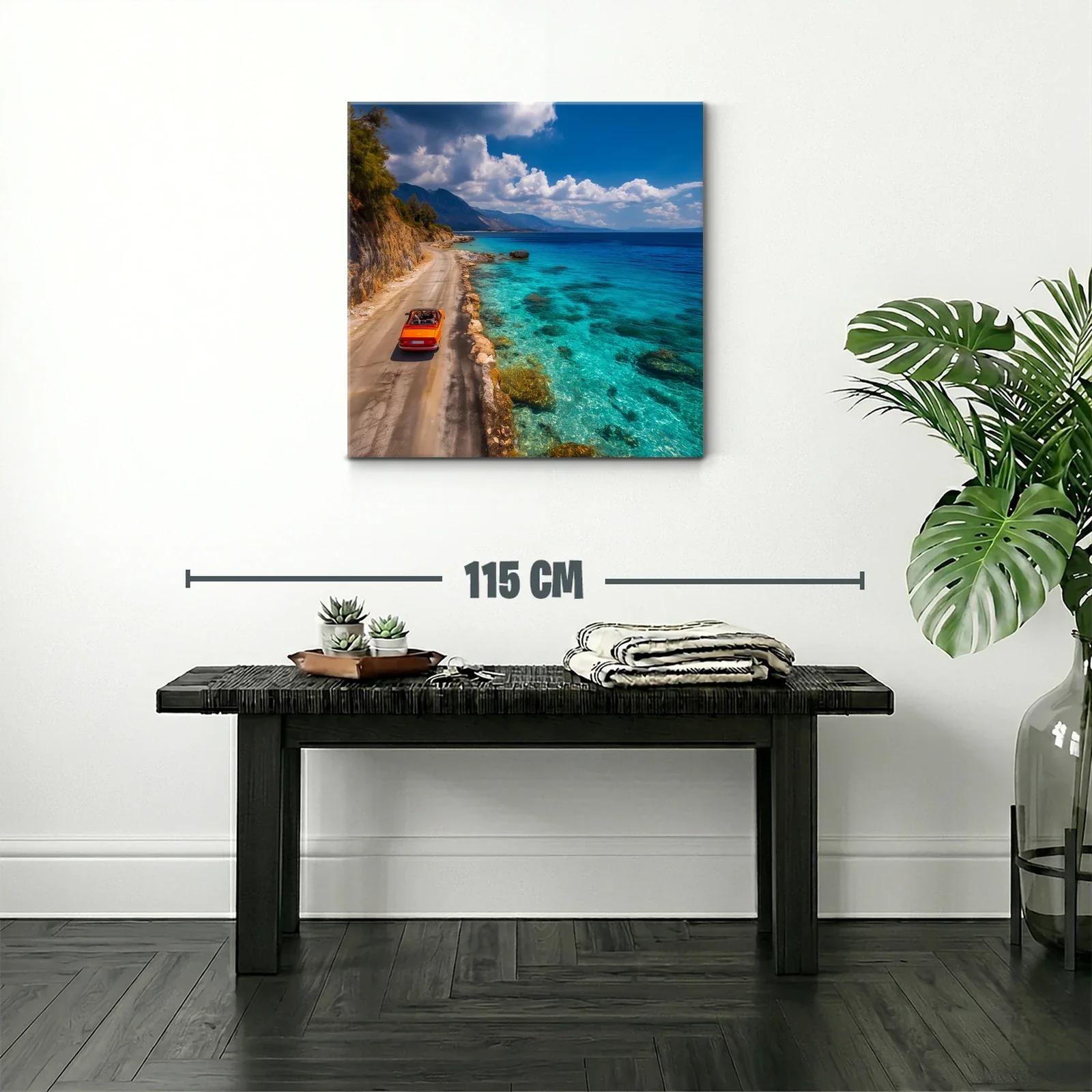 Paisaje costero con coche rojo y mar turquesa brillante — miniatura 2