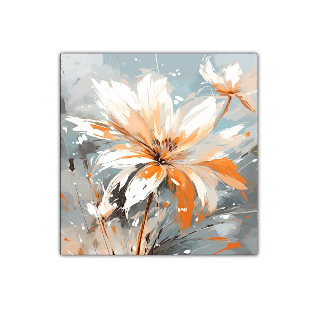 Cuadro floral contemporáneo en tonos naranja y azul