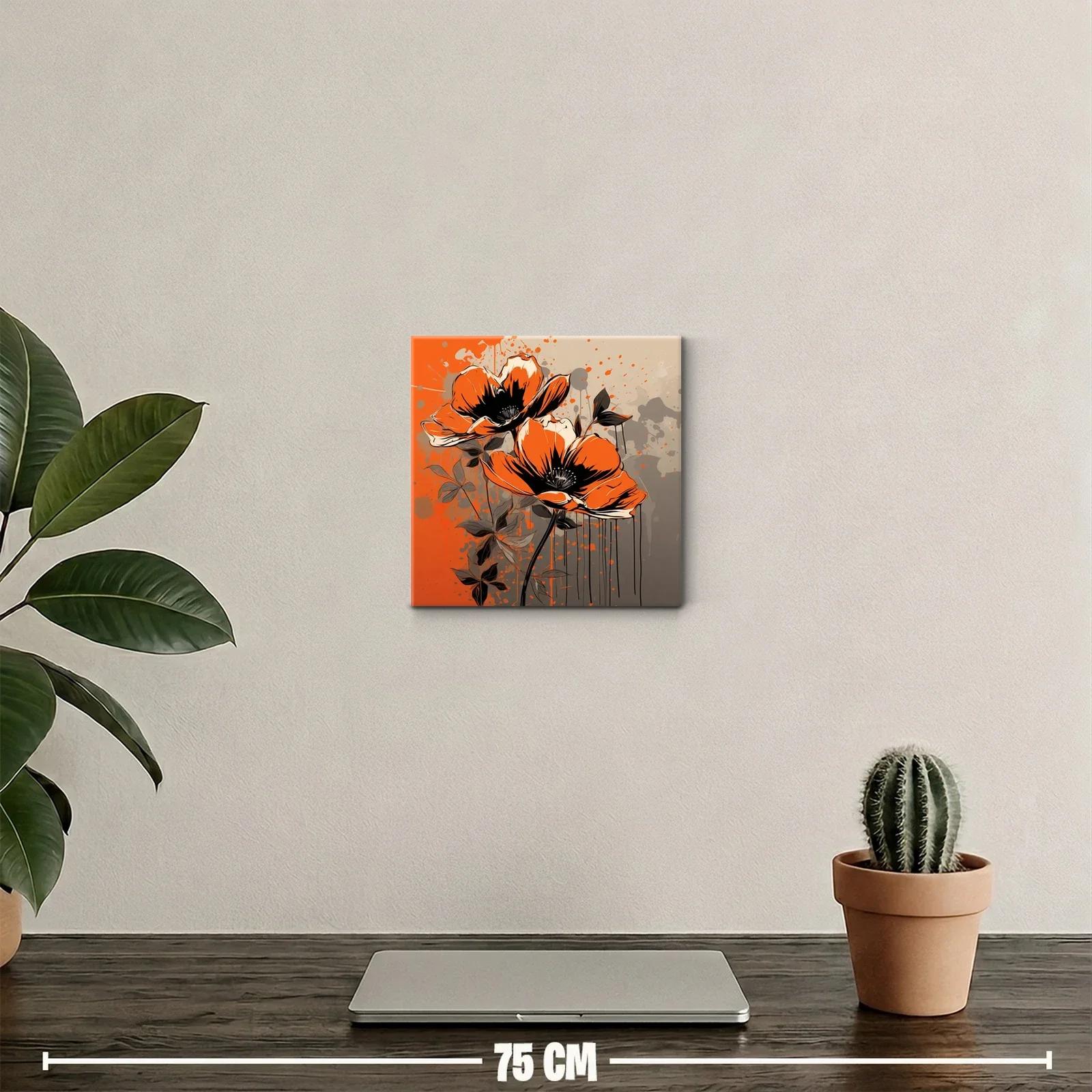 Cuadro floral con flores naranjas y fondo gris estilizado — miniatura 2
