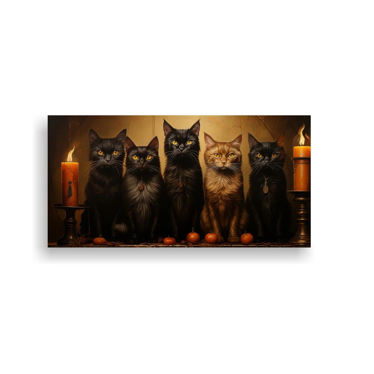 Cuadro cinco gatos sentados con velas y huevos sobre madera