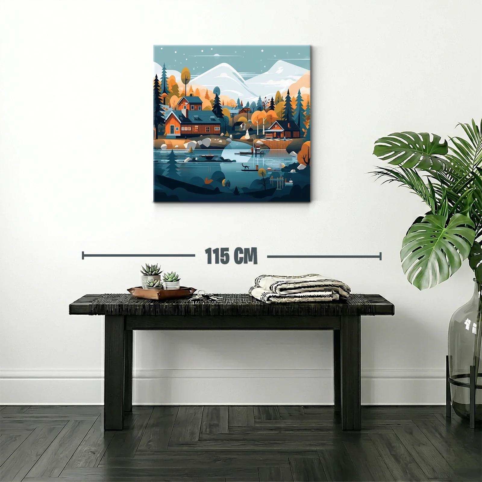Paisaje sereno de cabañas junto al lago y montañas nevadas — miniatura 2