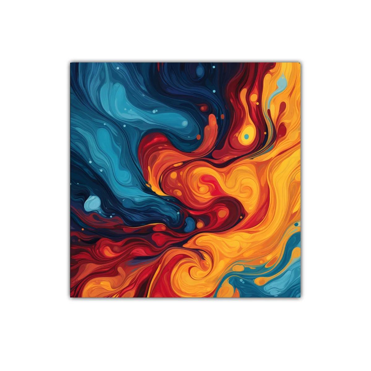 Cuadro abstracto con remolinos en tonos cálidos y fríos