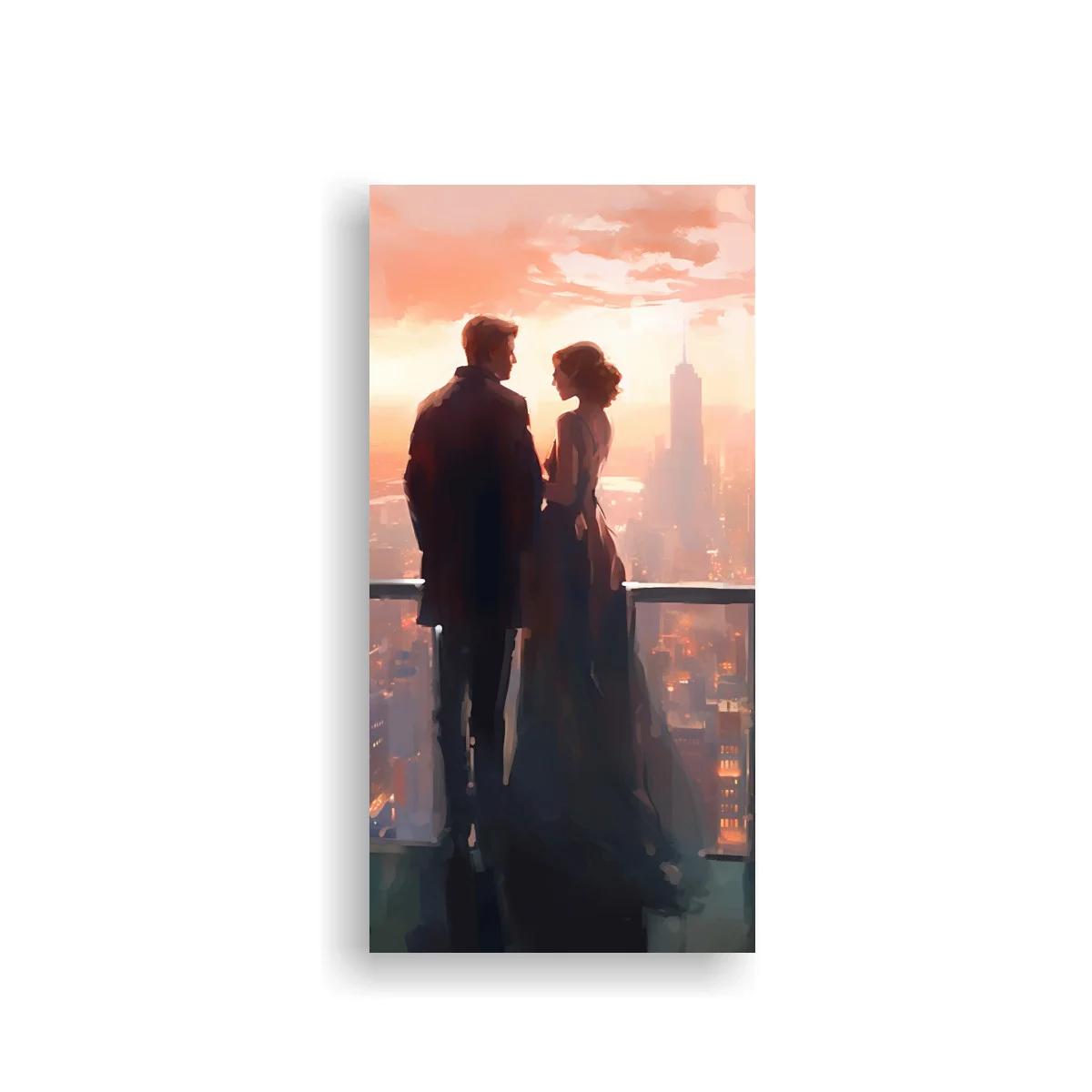 Cuadro pareja en balcón con skyline al atardecer