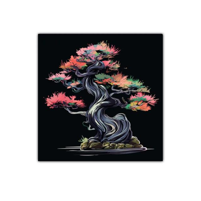 Cuadro decorativo con bonsái estilizado y colores vibrantes