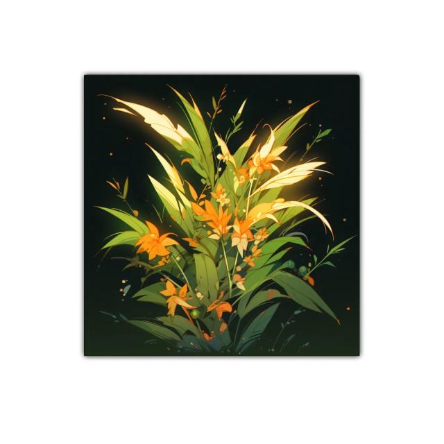 Composición floral vibrante con tonos verdes y naranjas