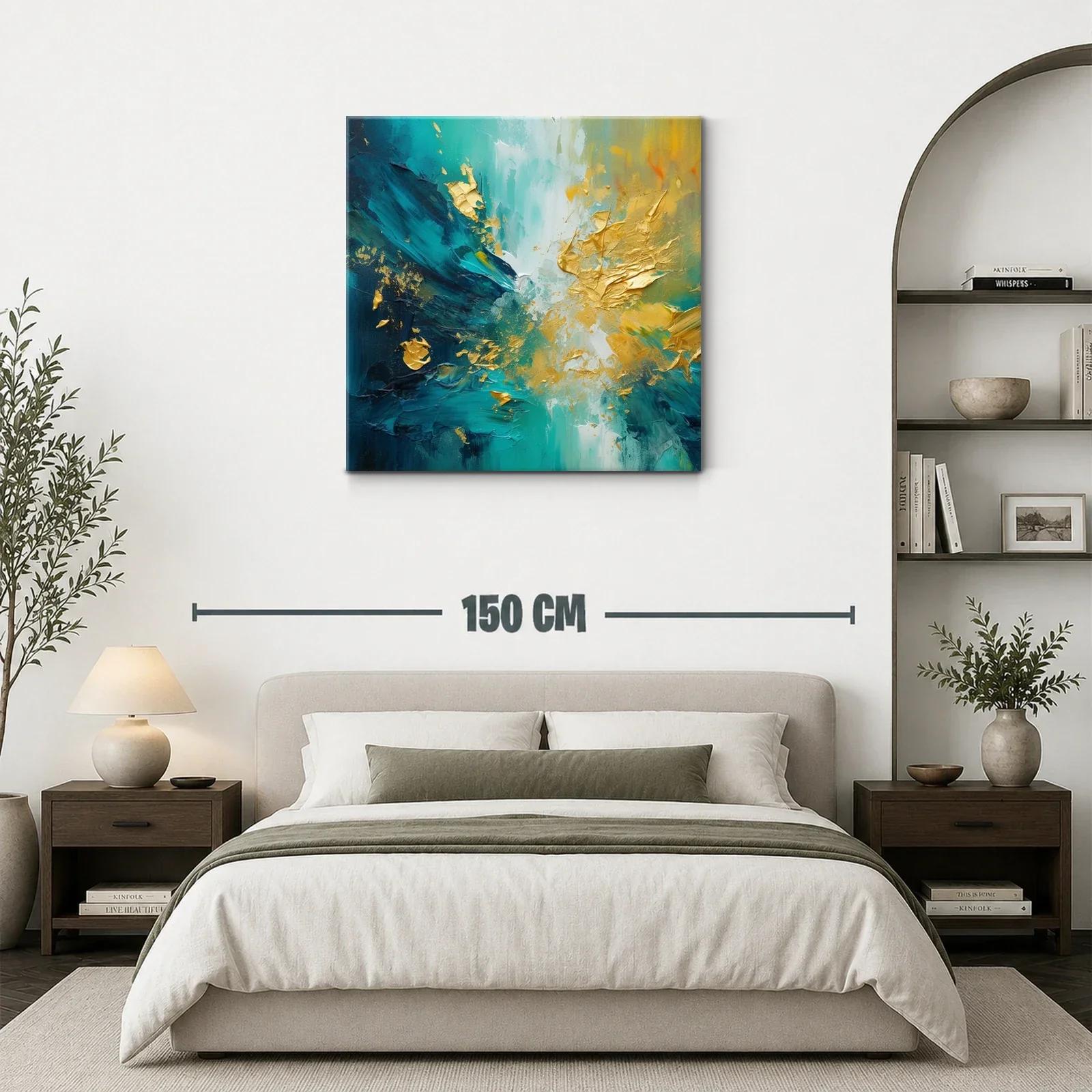 Cuadro abstracto en tonos turquesa con detalles dorados — miniatura 3