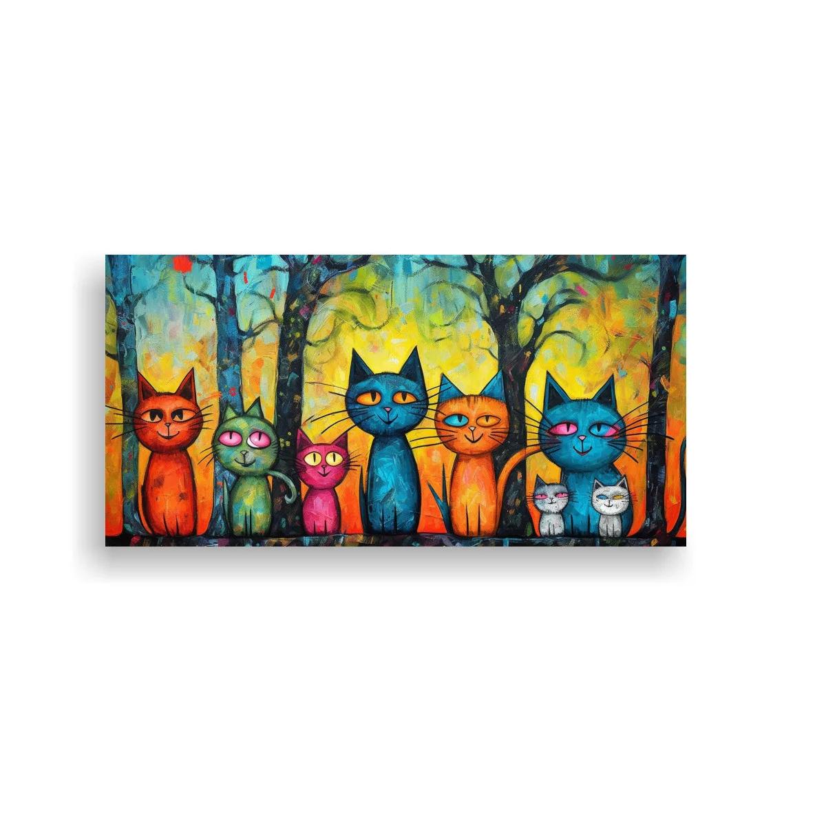 Cuadro grupo de gatos de colores sobre fondo vibrante