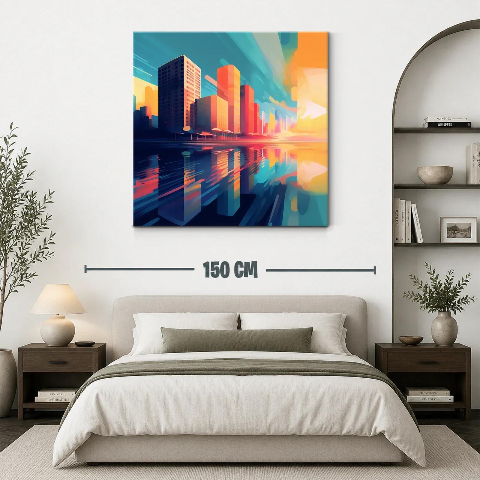 Atardecer vibrante sobre la ciudad reflejada en el agua — miniatura 3