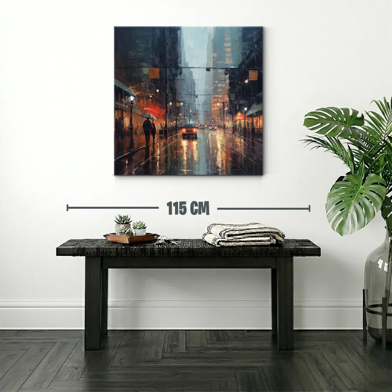 Paisaje urbano lluvioso con reflejos y luz cálida — miniatura 2