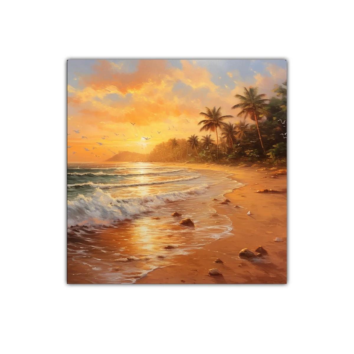 Sereno atardecer tropical con palmeras y olas suaves