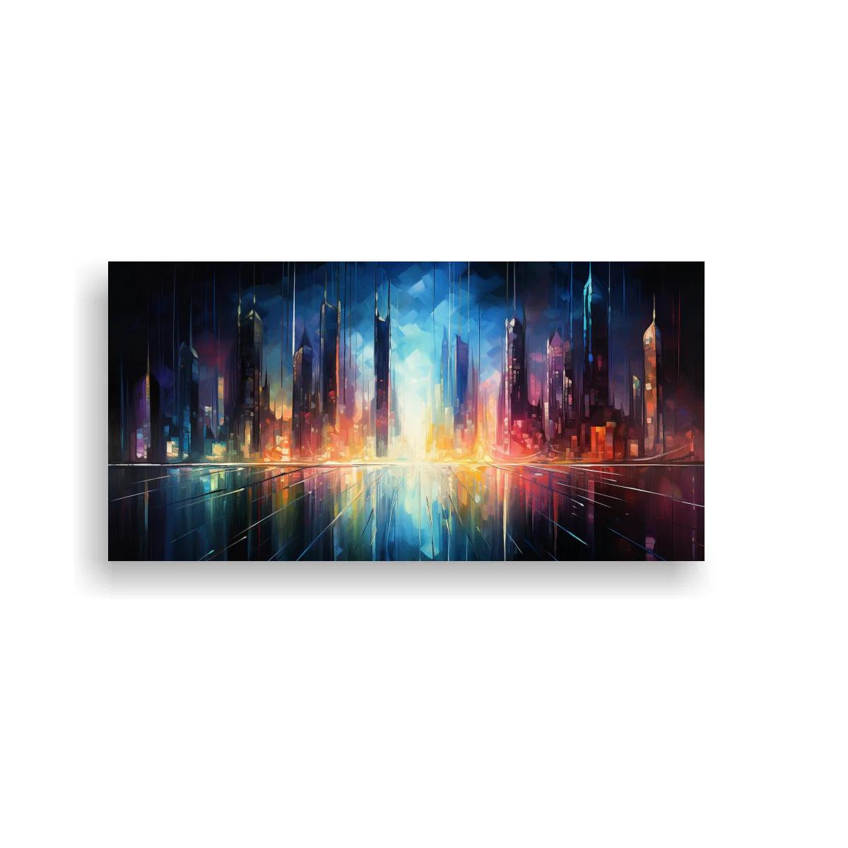Cuadro skyline urbano futurista reflejado en superficie lisa