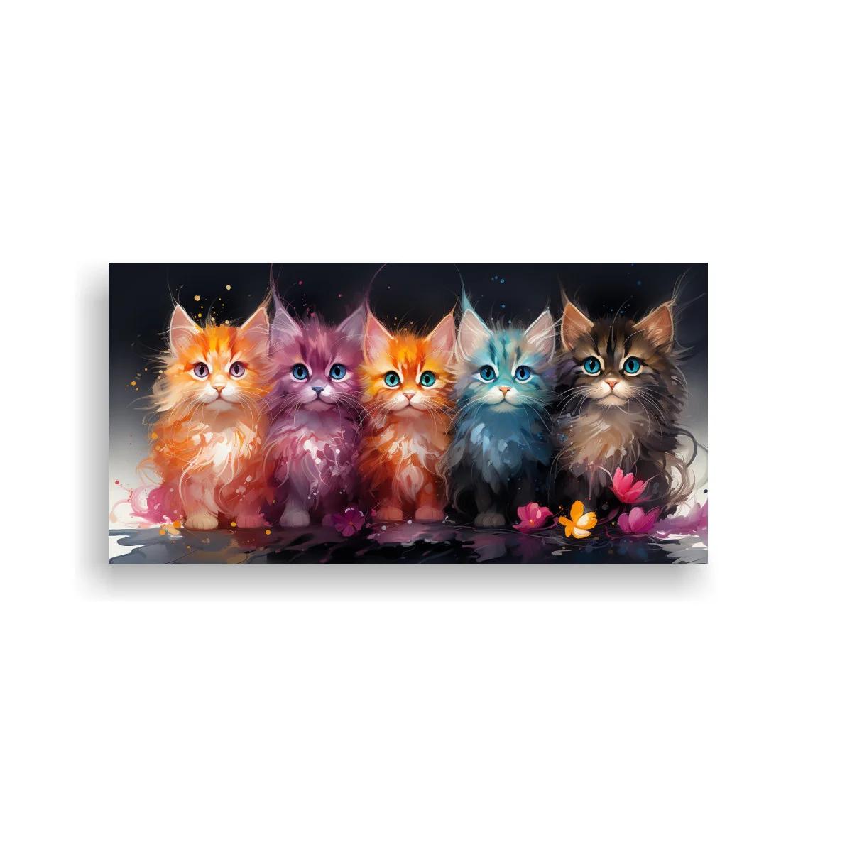 Cuadro cinco gatitos de colores con flores pequeñas — imagen principal