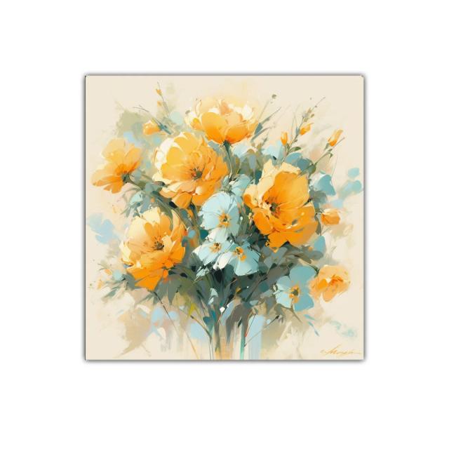 Ramo floral vibrante con tonos cálidos y azules suaves