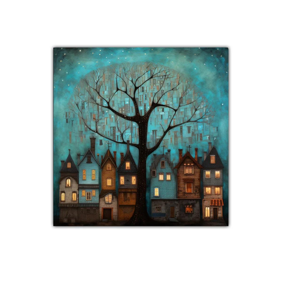 Encantador paisaje nocturno con casas y árbol iluminado — imagen principal