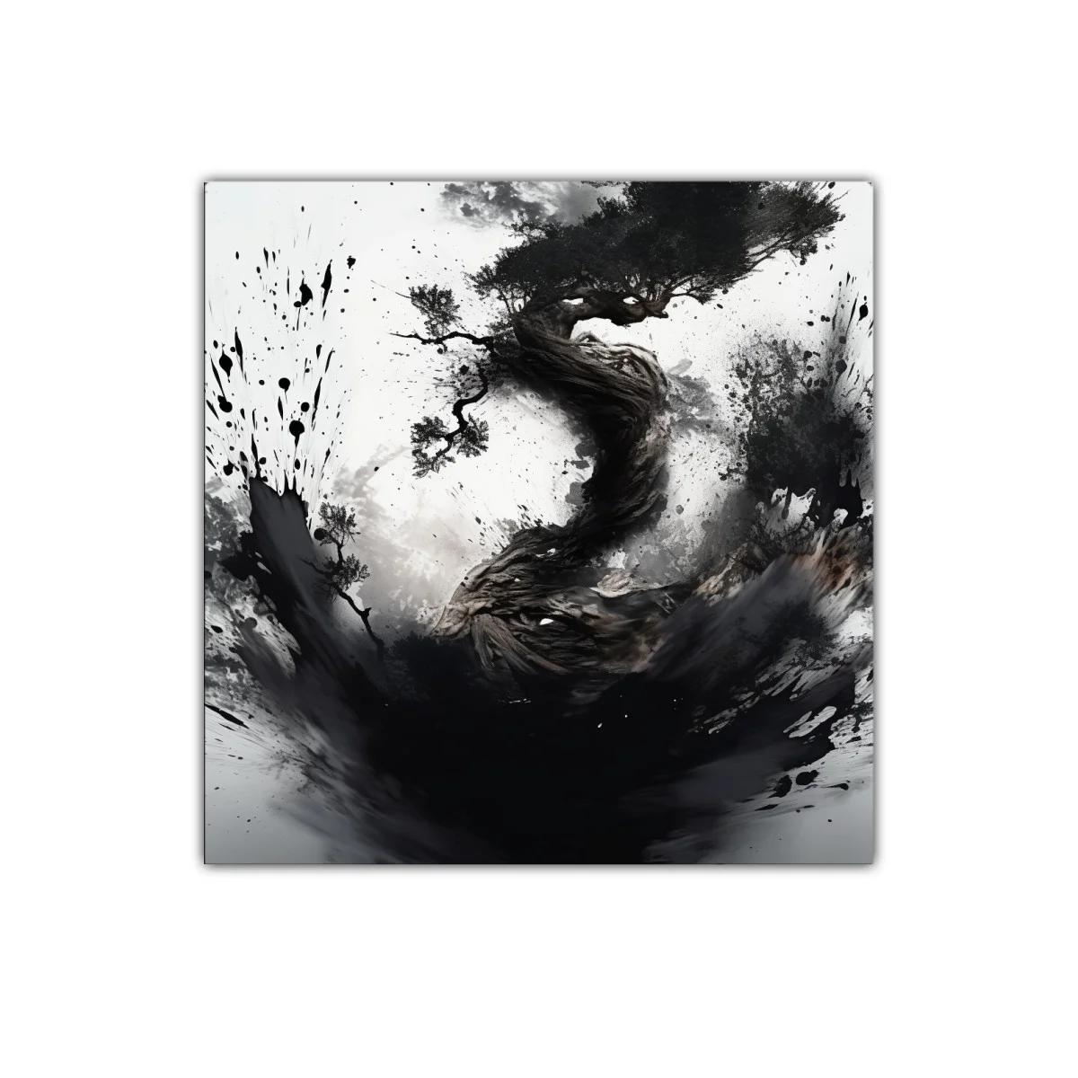 Cuadro abstracto con árbol retorcido en tonos monocromáticos — imagen principal