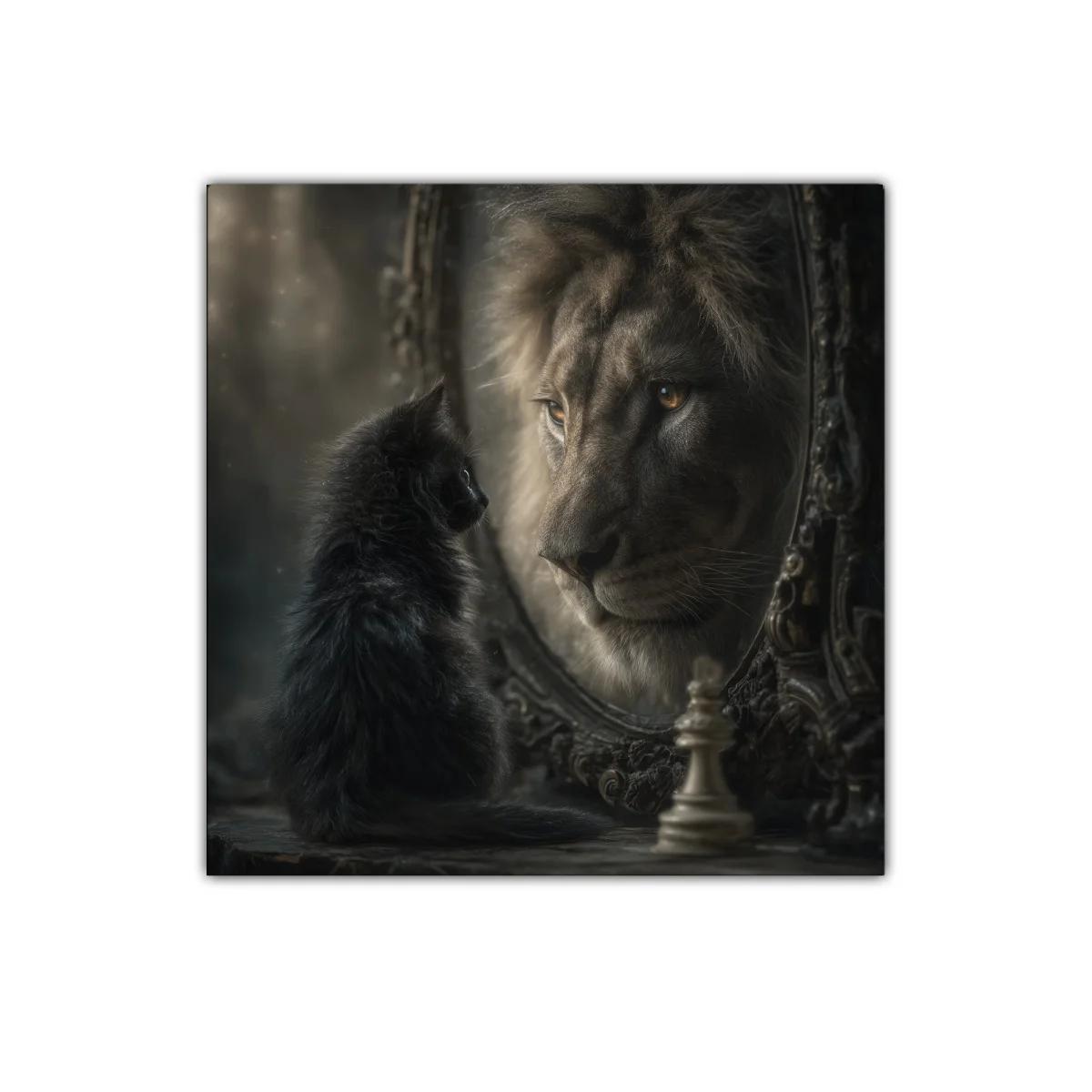 Gato negro mirando león en espejo con ajedrez artístico — imagen principal