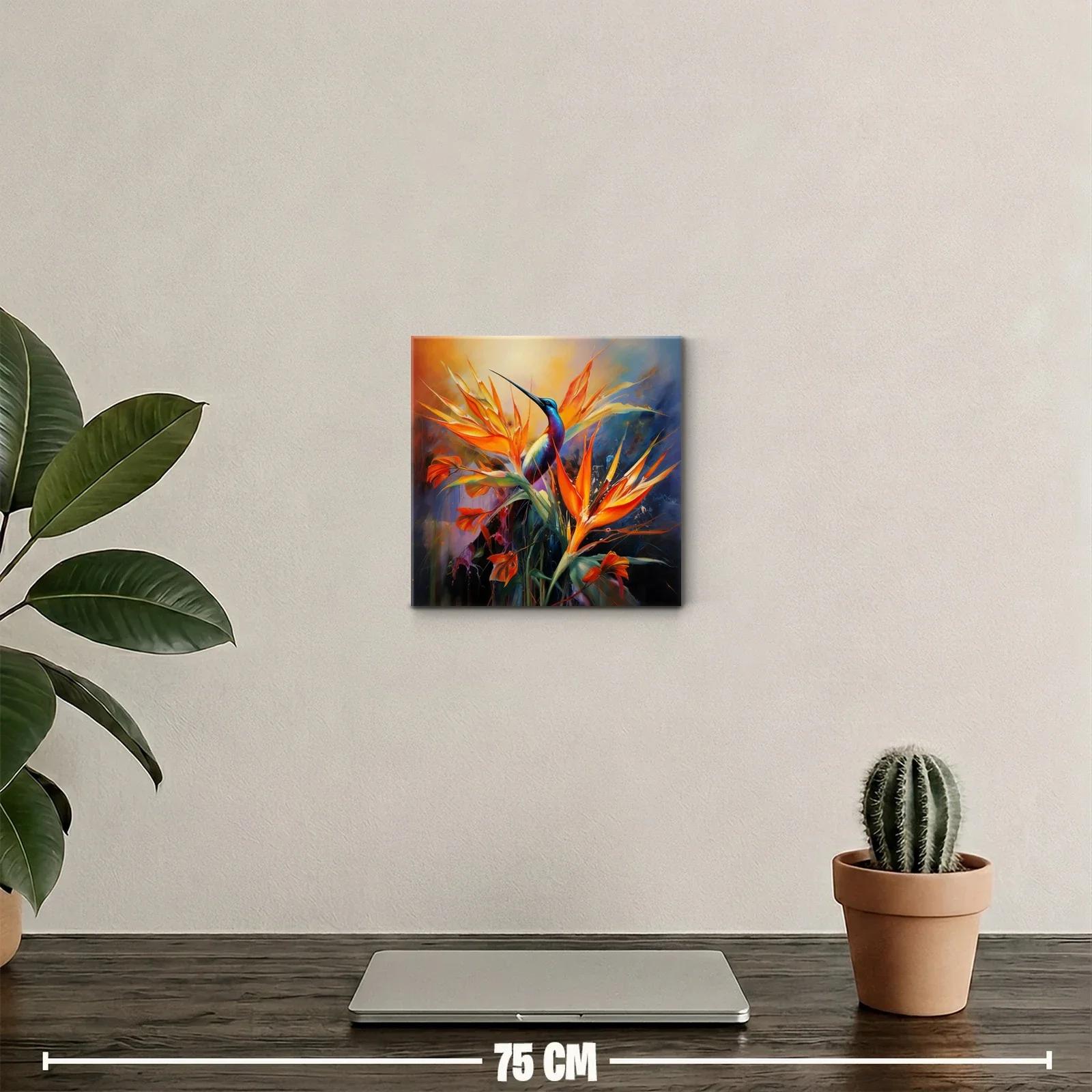 Vibrante cuadro con ave y flores tropicales en tonos cálidos — miniatura 2