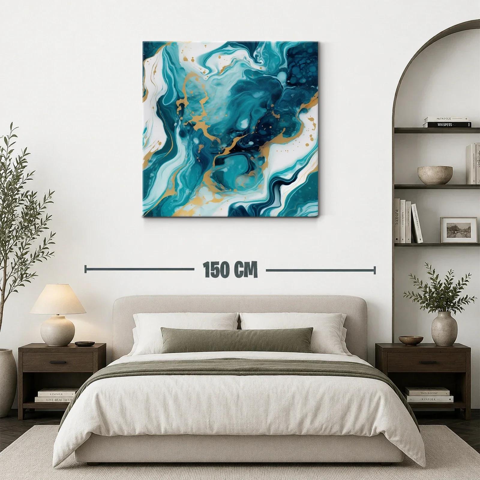 Cuadro abstracto con tonos turquesa y dorados vibrantes — miniatura 3