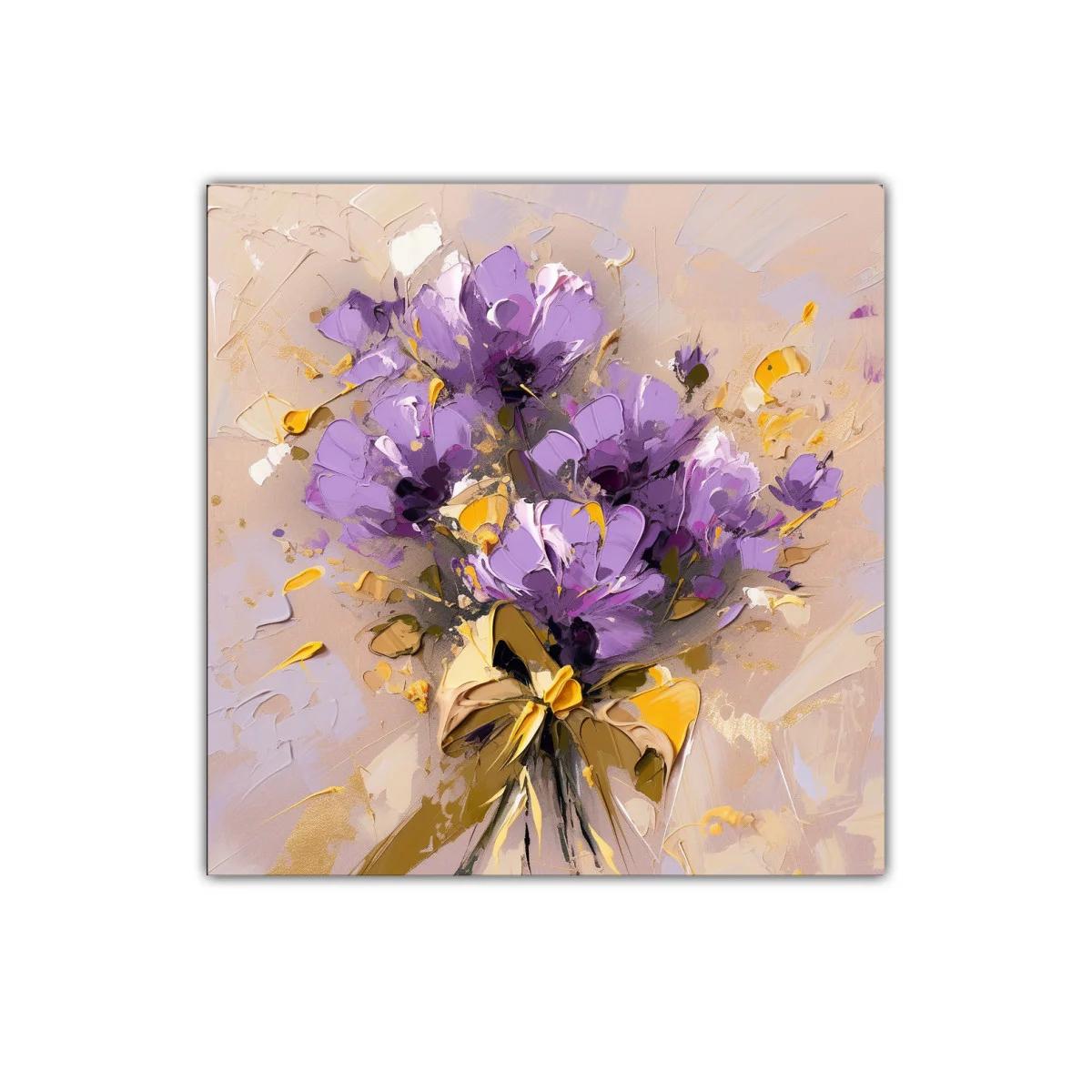 Cuadro decorativo bouquet floral en tonos lavanda y dorado — imagen principal