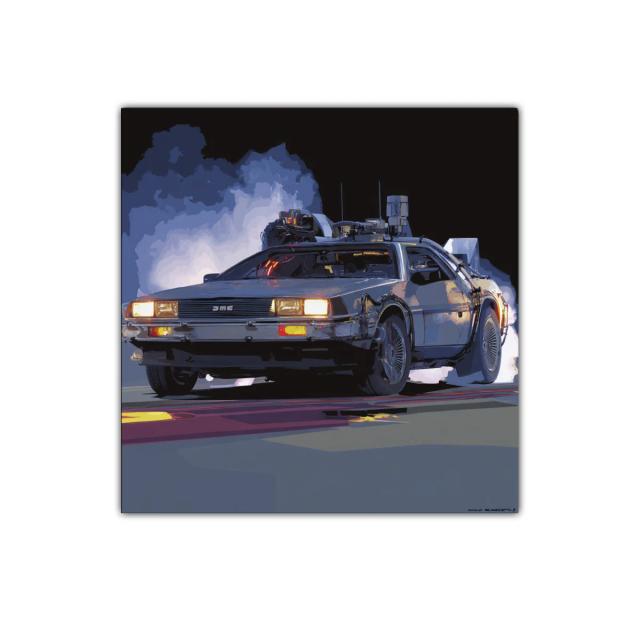 Cuadro coche futurista con humo y luces en tonos fríos