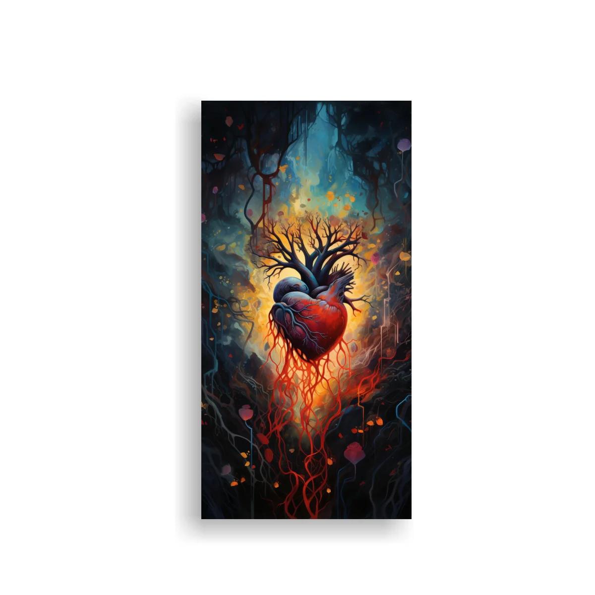 Cuadro corazón anatómico con ramas y raíces rojas