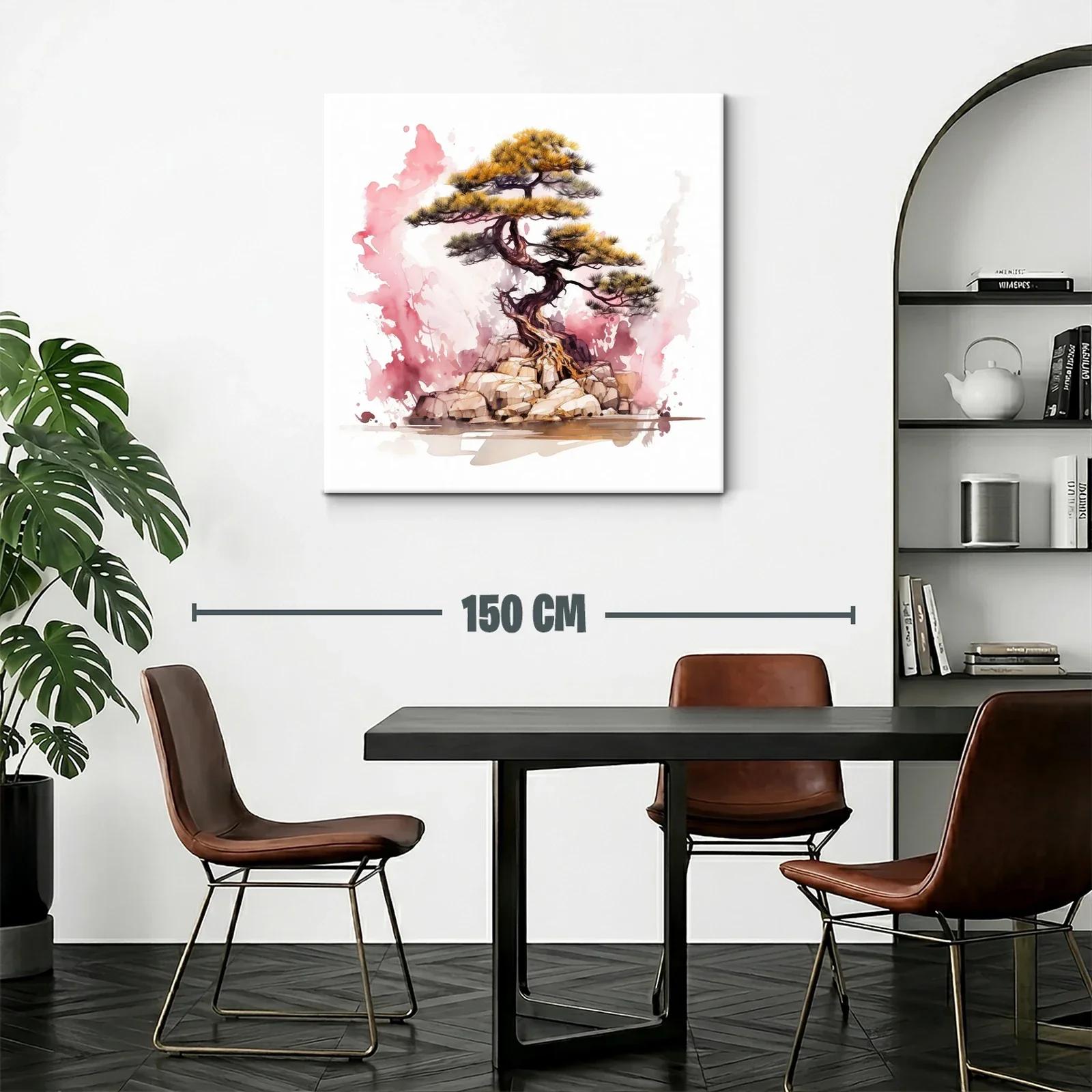 Árbol bonsái sobre rocas con fondo acuarelado rosa — miniatura 2