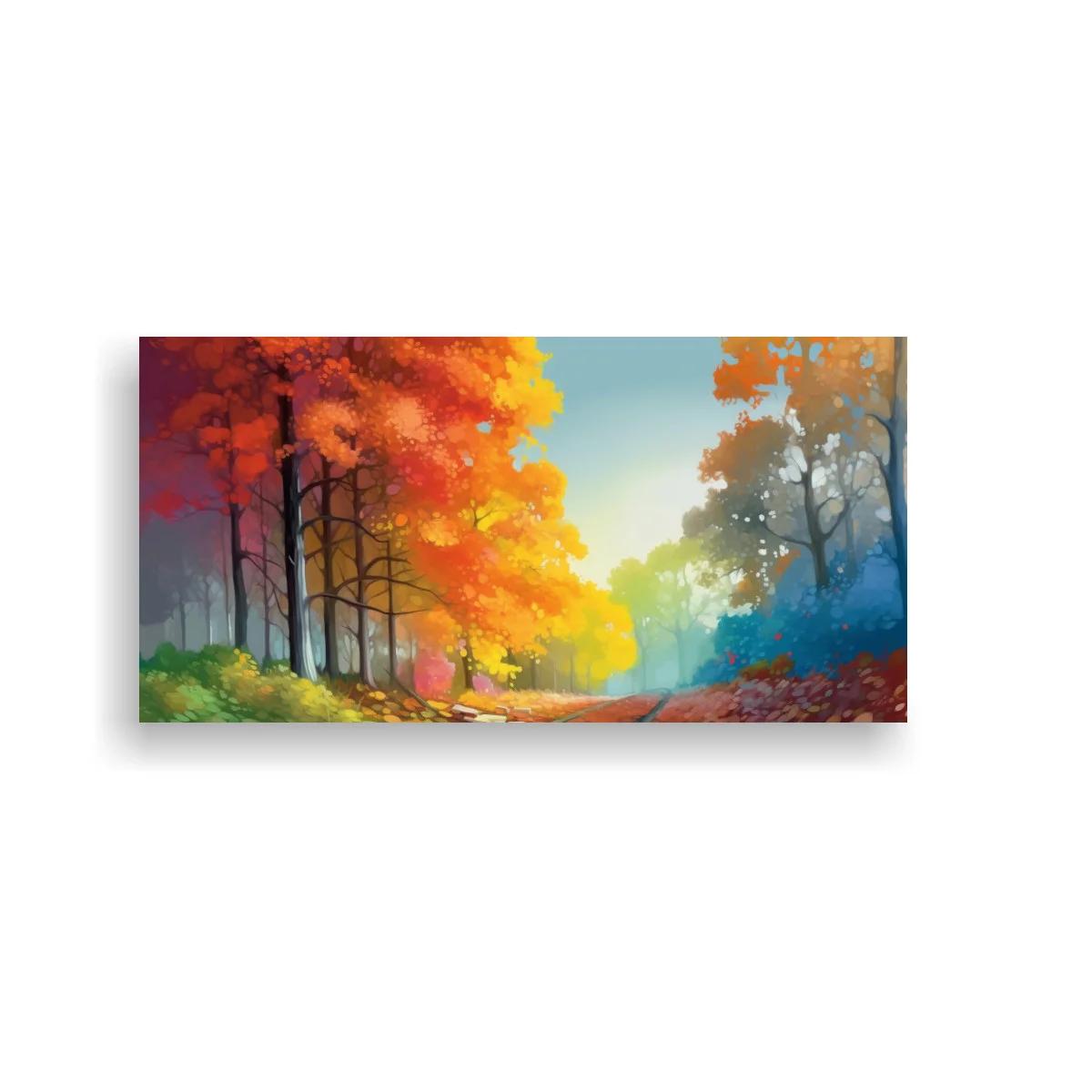 Cuadro bosque otoñal con sendero curvo y luz suave