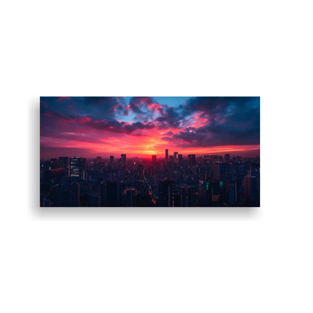 Cuadro skyline urbano al atardecer con resplandor coral y magenta