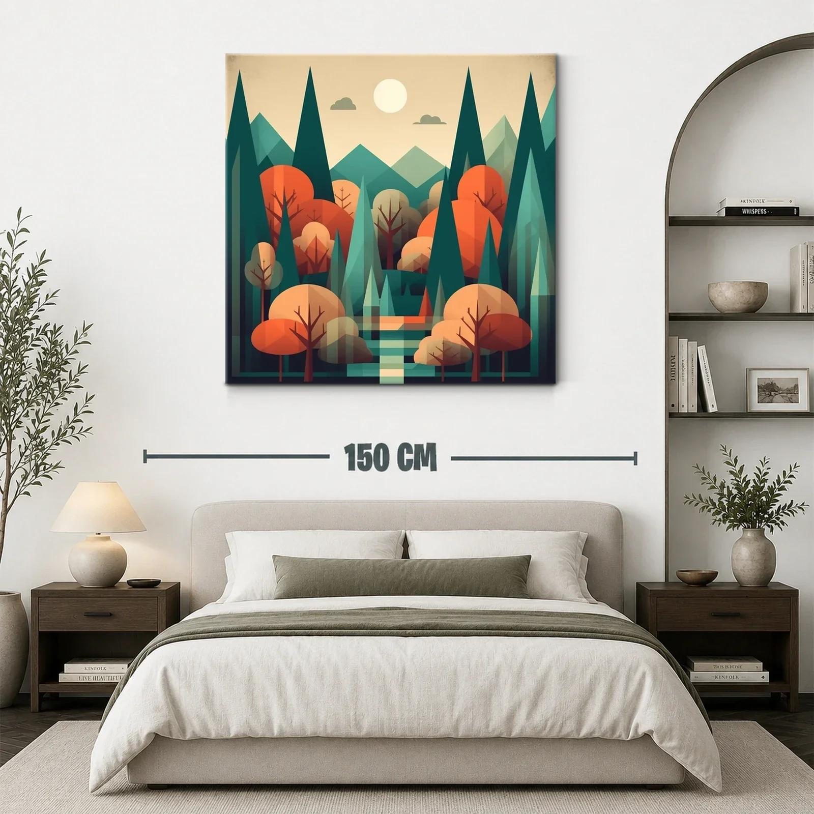 Paisaje geométrico bosque otoñal con tonos cálidos y verdes — miniatura 3