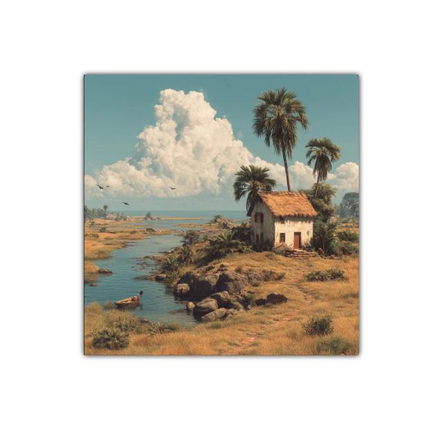 Paisaje rural con casa junto al río y palmeras altas