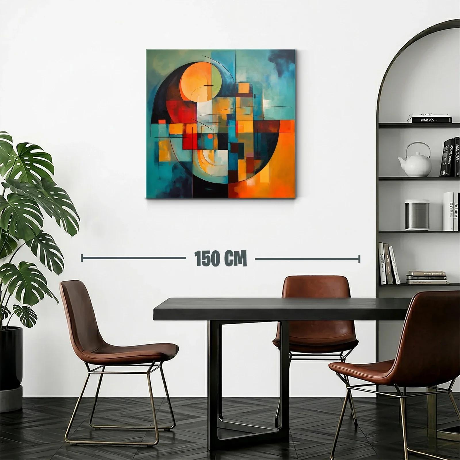 Cuadro abstracto con formas geométricas en tonos cálidos y fríos — miniatura 2
