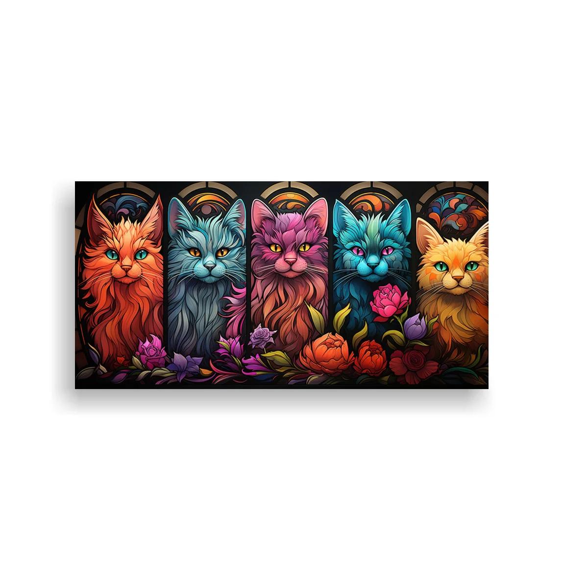 Cuadro cinco gatos de colores tipo vitral